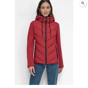 DKNY Women's Vibrant Red Hooded Puffer Jacket